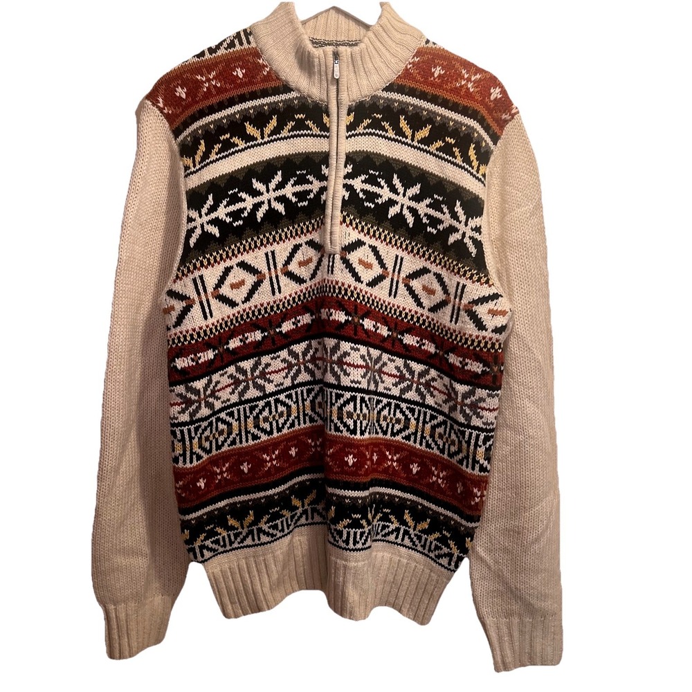 IZOD Mens Pullover Sweater 1/4 Zip Cotton Wool Fair Isle Nordic Large‎ Christmas